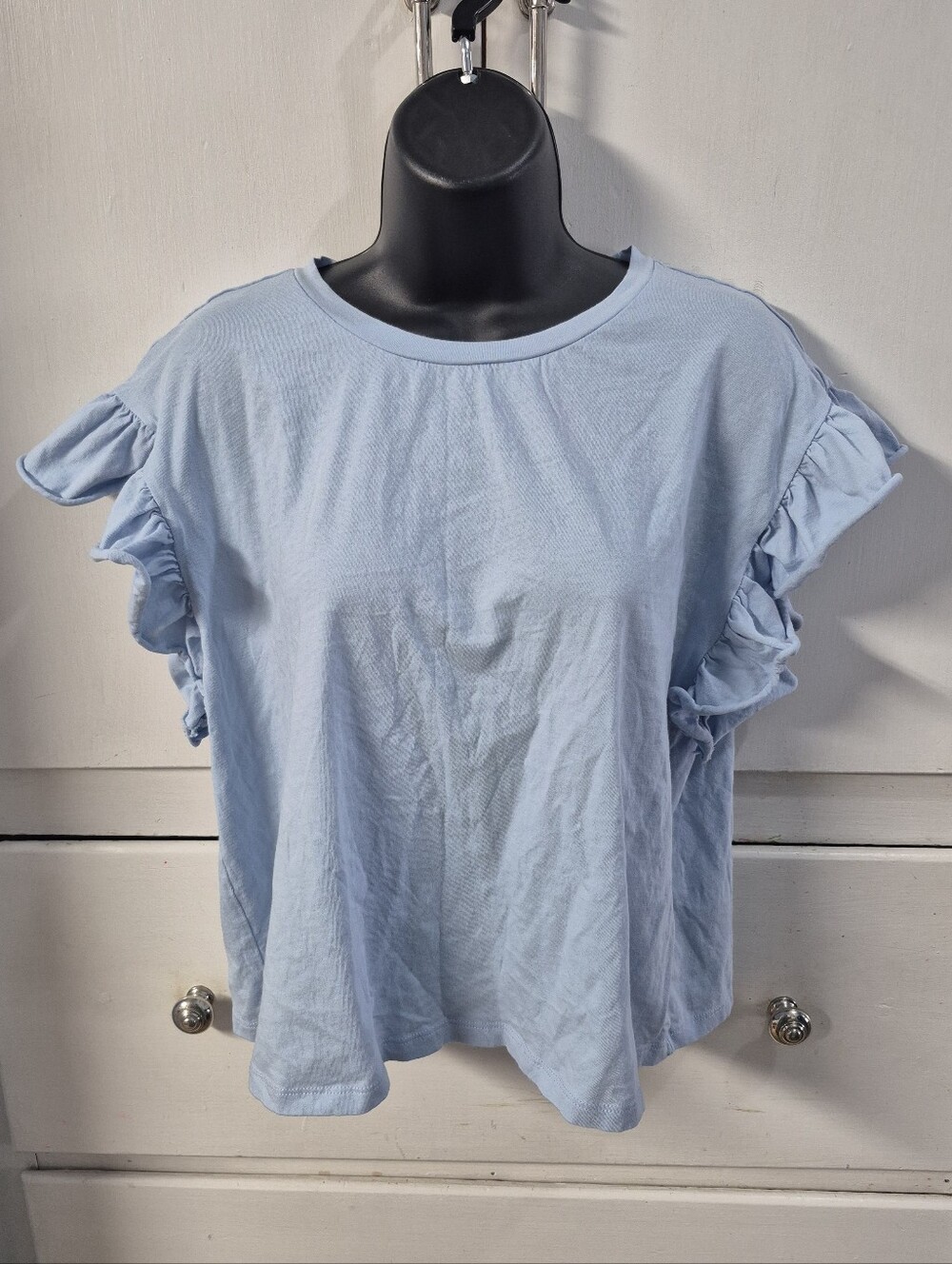 ZARA Pale Blue Ruffle Sleeve T-Shirt Size L Crew Neck Knit Crop Top Solid Casual
